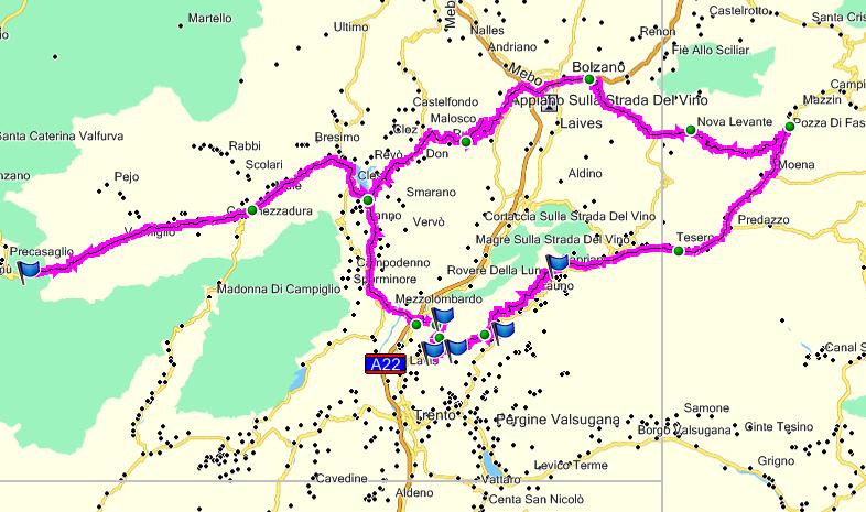 Bozen-Mendola-Tonale-Mezzolombardo-Trento-Segonzano-Cavalese-Pozza di Fassa